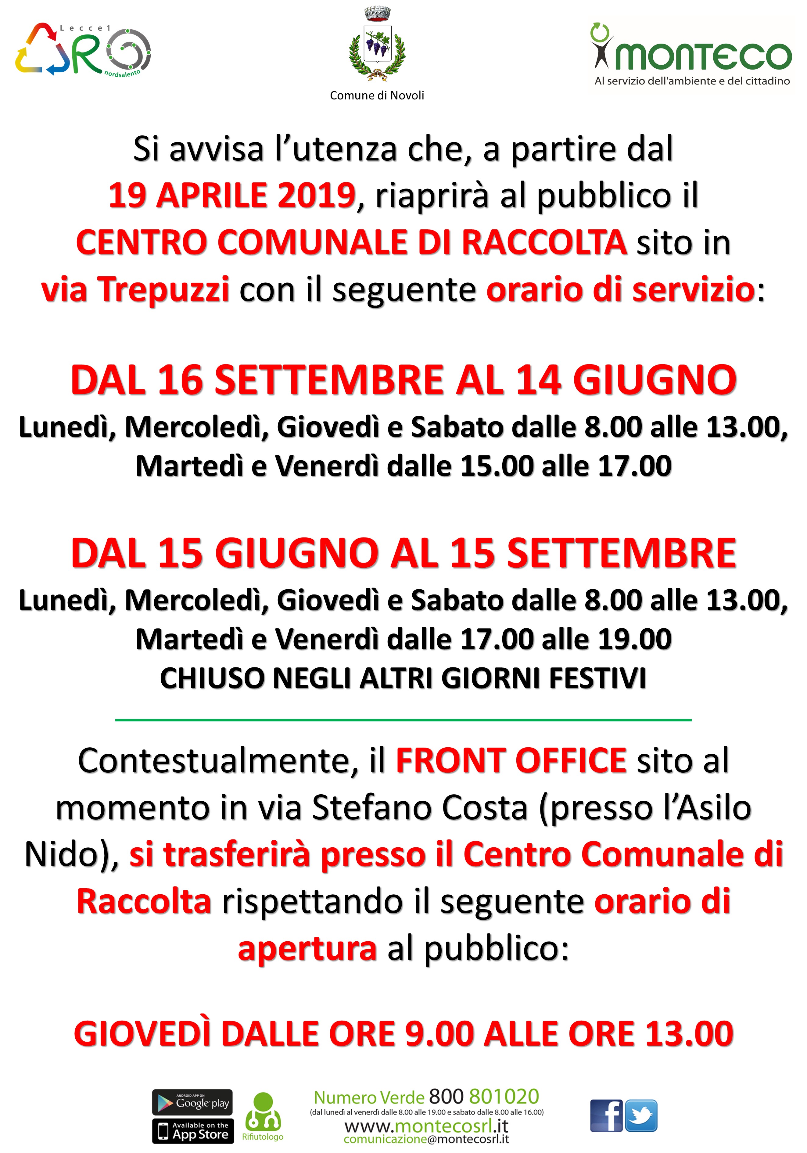 Novoli: riapertura Centro Comunale di Raccolta e trasferimento Front Office