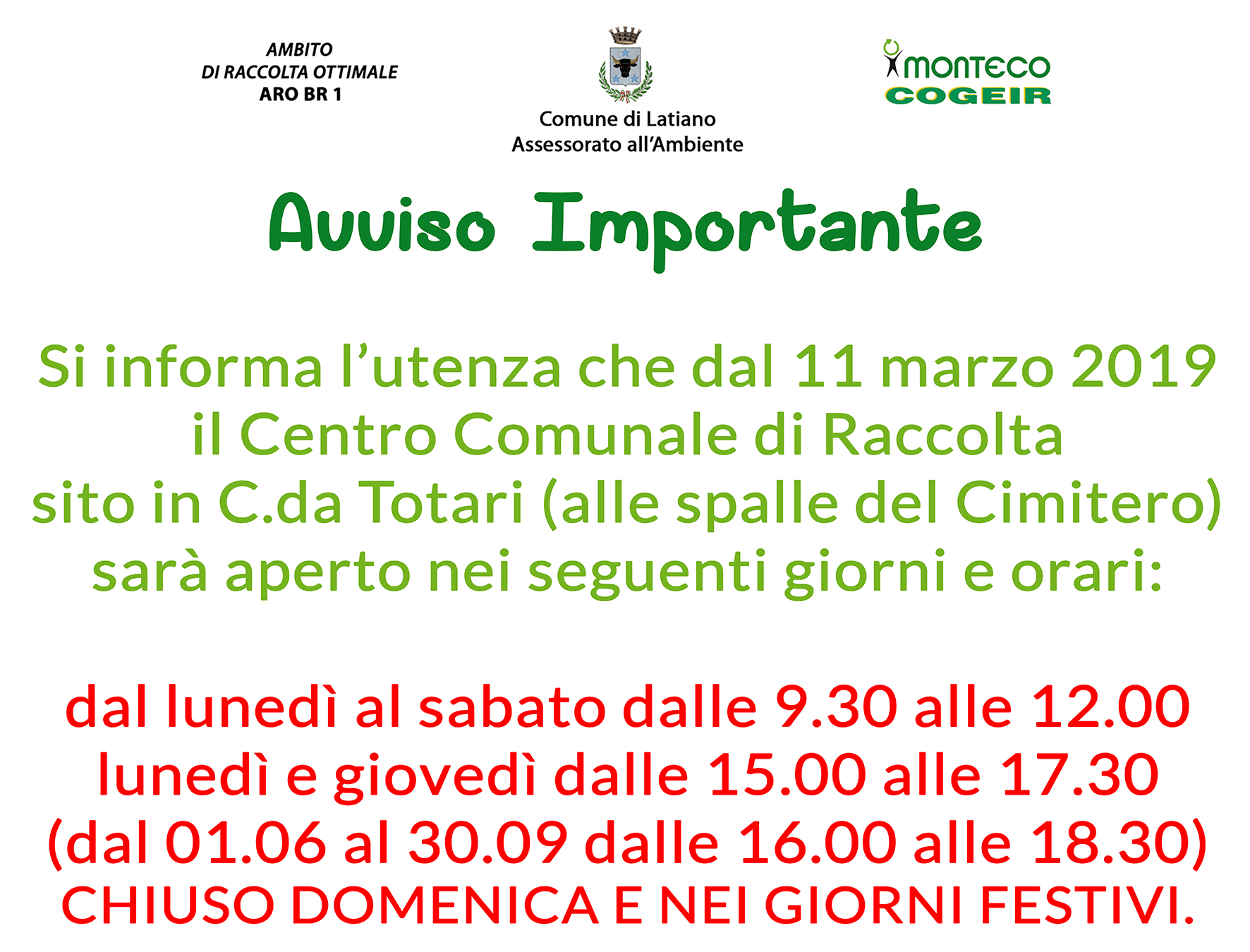 Latiano. Variazione giorni e orari di apertura del Centro Comunale di Raccolta