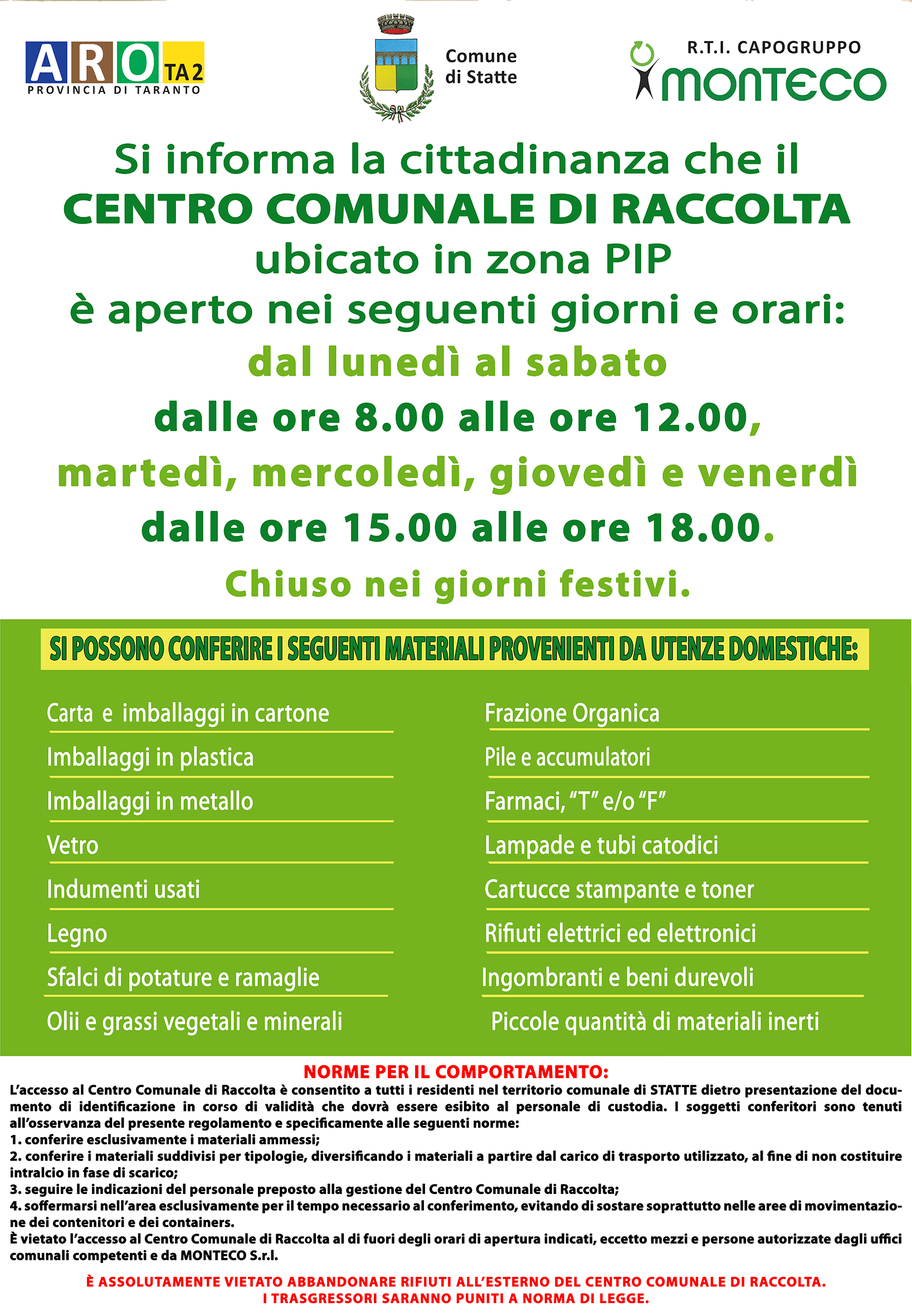 Statte. Riapre il Centro Comunale di Raccolta sito in Zona PIP